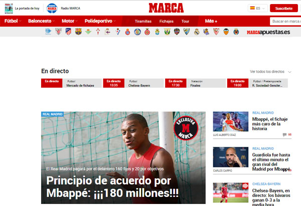 Tờ Marca đăng tải thông tin vụ Mbappe trên trang chủ Tờ Marca đăng tải thông tin vụ Mbappe trên trang chủ