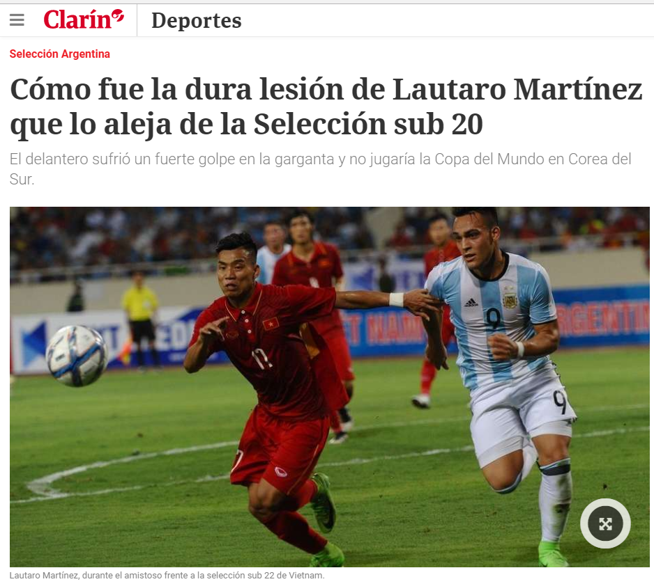Báo chí Argentina cho biết tiền đạo Martinez sẽ lỡ World Cup 2017 U20 World Cup 2017, U20 Argentina, U20 Việt Nam, Messi mới, lich thi dau u20 the gioi