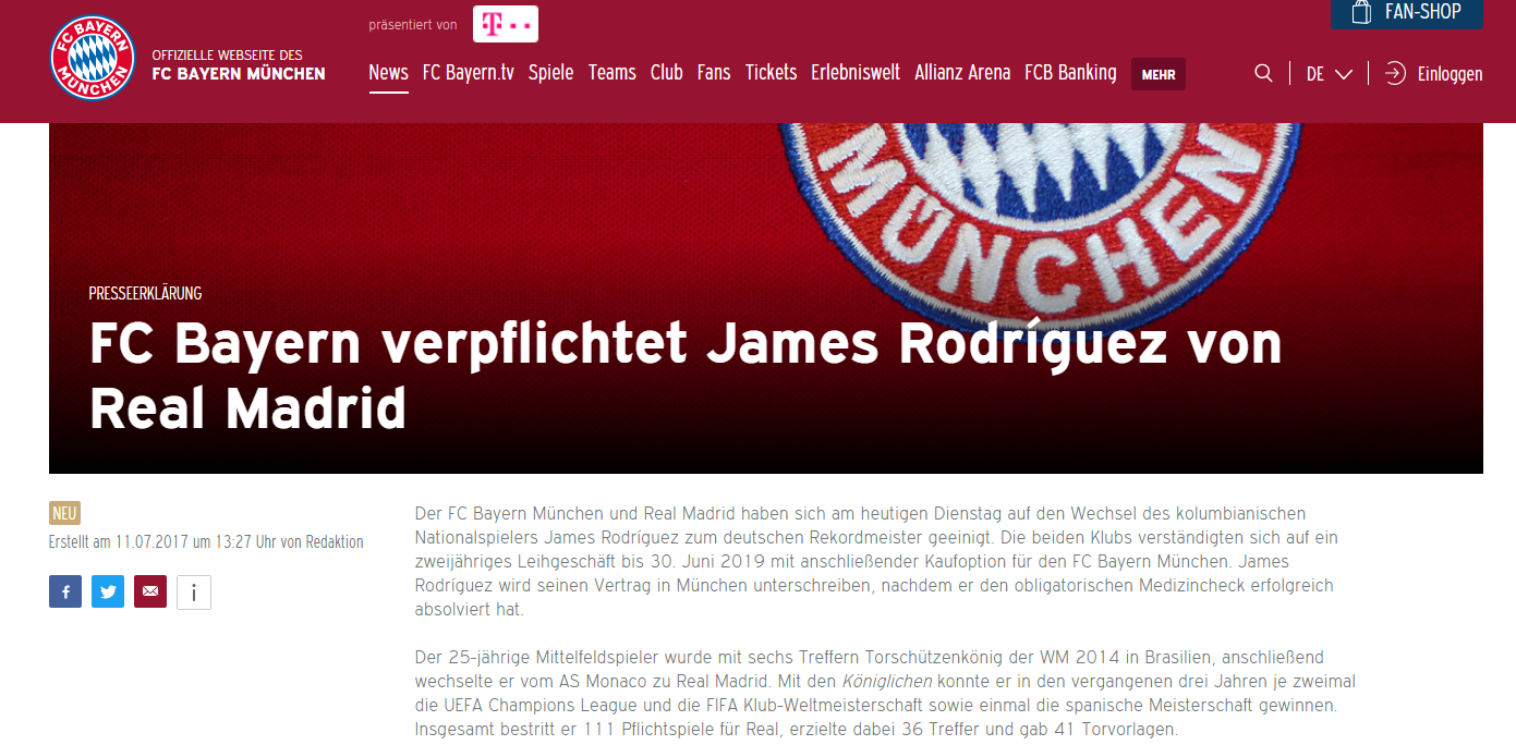 Bayern thông báo thương vụ James trên trang chủ James Rodriguez, James, Bayern Munich, thông tin chuyển nhượng chính thức,