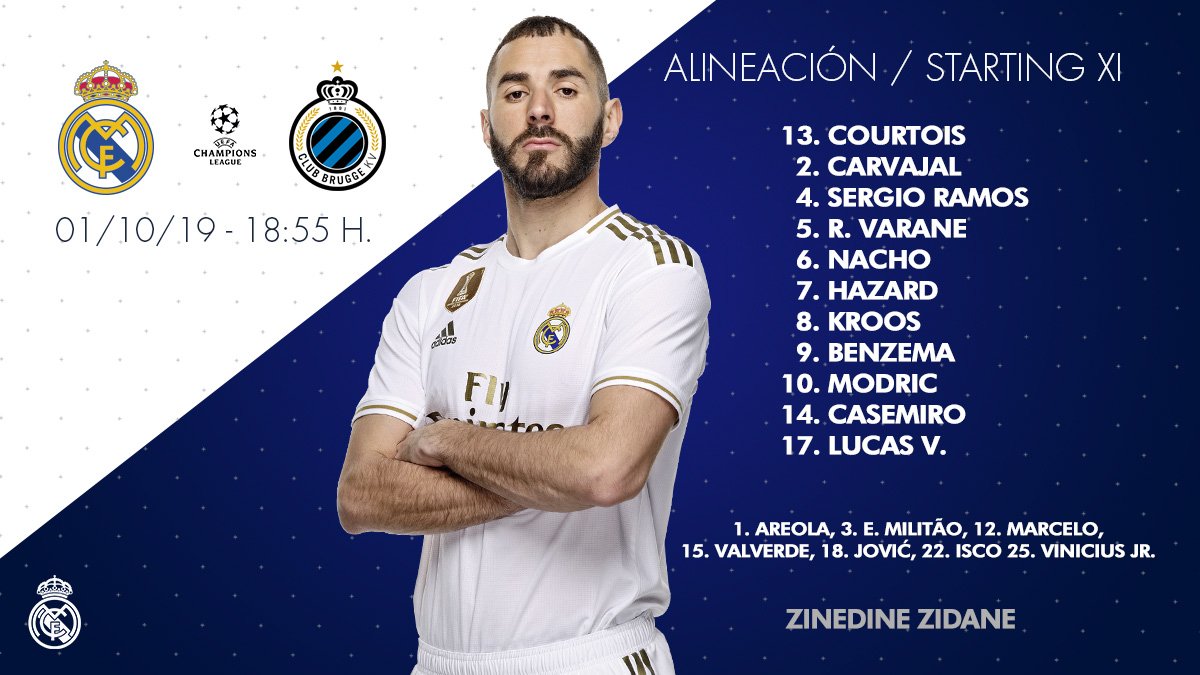 Đội hình xuất phát của Real Madrid. Ảnh: Twitter Trực tiếp Real vs Club Brugge, Trực tiếp Cúp C1, Real vs Club Brugge, Real, Club Brugge, Cúp C1, Real Madrid, Champions League