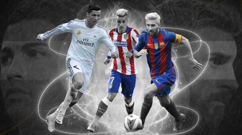 Bộ ba tấn công xuất sắc nhất La Liga một thập kỷ qua. Ảnh: Internet Messi, Ronaldo, Griezmann, Ramos, La Liga, đội hình hay nhất thập kỷ của La Liga, Real, Barca, Atletico