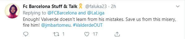 NHM Barca cho rằng Valveder không xứng đáng ở lại. Ảnh: Twitter barca, cđv barca, bilbao 1-0 barca, barcelona vs bilbao, la liga, valvaerde, neymar, fan barca, nhm barca