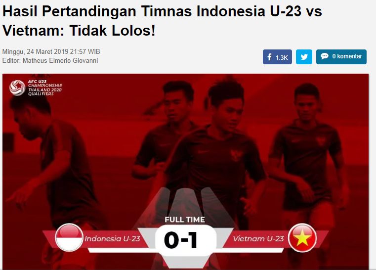 Tờ Indosport đưa tin về thất bại của đội nhà