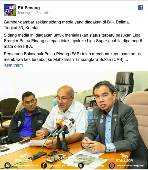 Ban lãnh đạo Malaysia sẵn sàng khởi kiện FIFA ra toà CLB Penang FA, FIFA, CAS, Malaysia Premier League, Malaysia