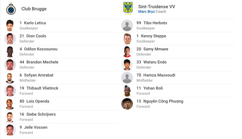 Lực lượng dự bị của 2 đội Trực tiếp Club Brugge vs Sint-Truiden, trực tiếp sint-truiden vs club brugge, trực tiếp sint-truiden, trực tiếp công phượng