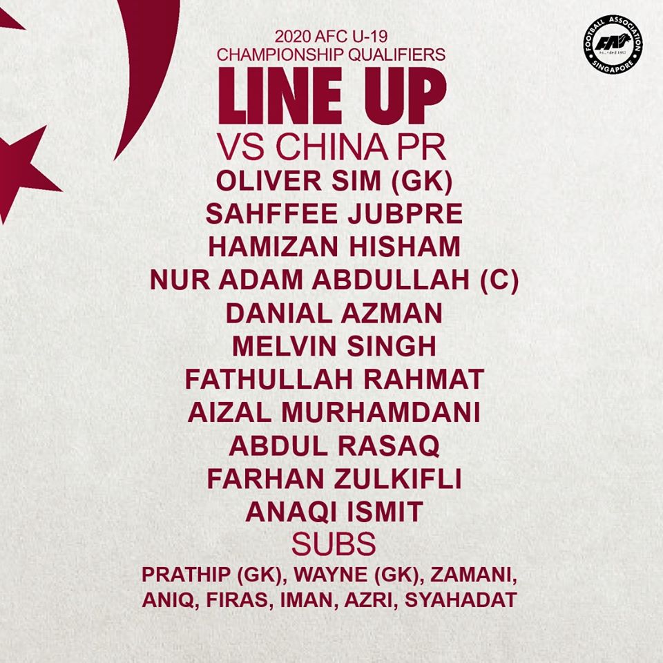 Đội hình ra sân của U19 Singapore Trực tiếp U19 Trung Quốc vs U19 Singapore, vòng loại U19 châu Á 2020, bxh đội nhì vòng loại world cup 2022, u19 trung quốc, u19 singapore