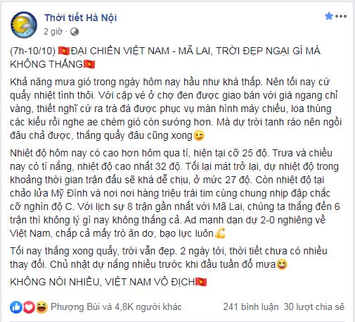 Fanpage cập nhật tình hình thời tiết được cho là khá vui nhộn tran dau viet nam malaysia