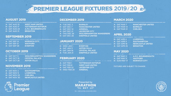 Lịch thi đấu mùa 2019/2020 của Man City Ngoại hạng anh 2019/2020, premier league 2019/2020, man city, man utd, MU, lịch thi đấu man city, lịch thi đấu MU