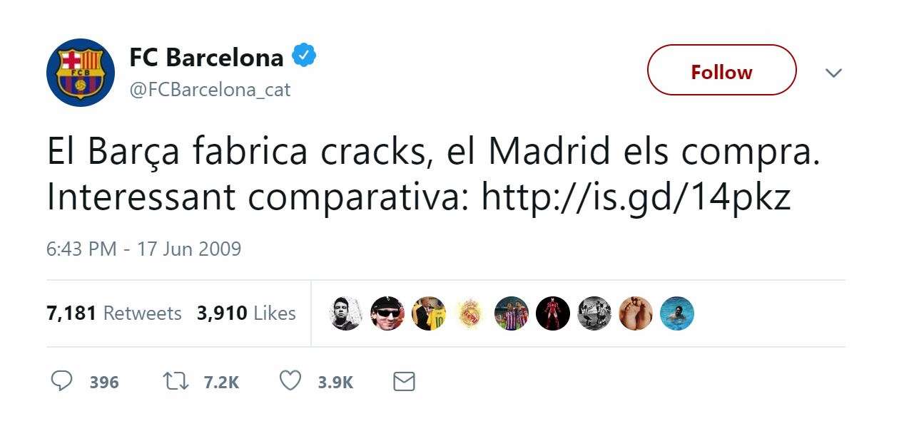 Dòng trạng thái cách đây 10 năm của trang Twitter Barca barca, chuyển nhượng barca, chuyển nhượng real, tin chuyển nhượng, chuyển nhượng hè,