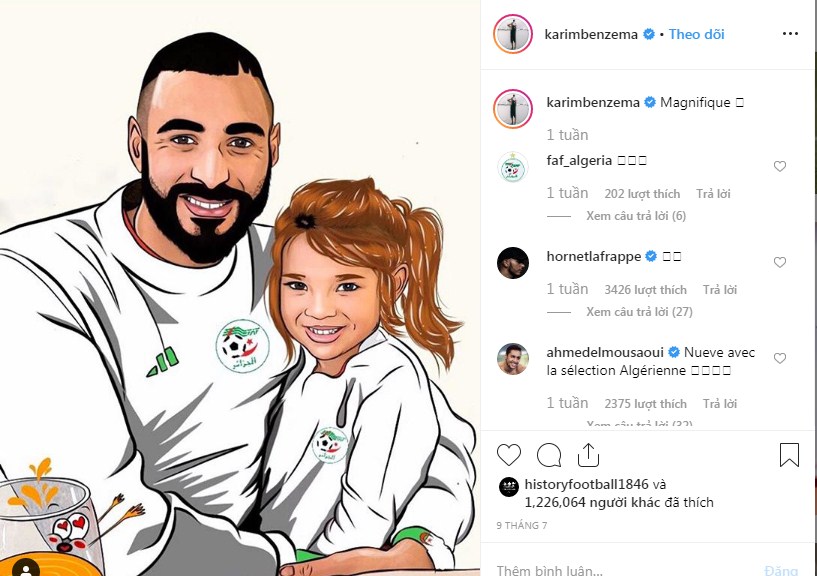 Benzeman đăng tải hình ảnh mặc áo Algeria cùng con gái lên instagram cá nhân chung kết can, trực tiếp chung kết can, trực tiếp senegal vs algeria, senegal vs algeria, real, real madrid