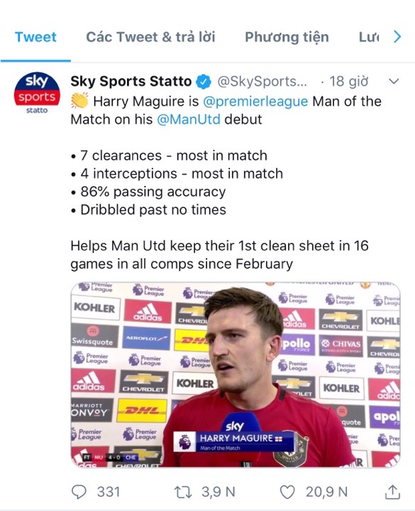 Thống kê ấn tướng của Maguire tân binh MU, Maguire, MU vs Chelsea, kết quả MU vs Chelsea, Premier League, Wan-Bissaka, Daniel James