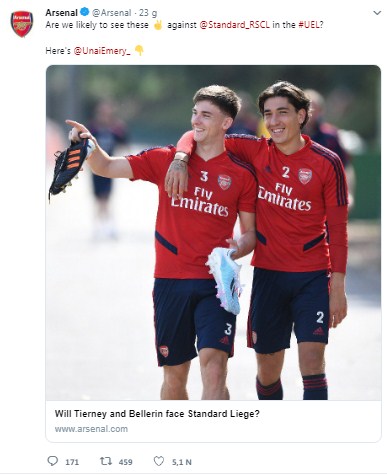 Tierney đứng trước cơ hội chơi trận đầu tiên cho Arsenal - Ảnh: Twitter Arsenal Trực tiếp Arsenal vs Standard Liege, Arsenal vs Standard Liege, trực tiếp Europa League, Arsenal