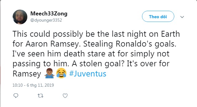 'Đây có thể là ngày cuối cùng của Ramsey trên trái đất, vì dám cướp bàn thắng của Ronaldo' - một fan trêu đùa hài hước Ramsey, Ronaldo, CR7, Ramsey đánh cắp bàn thắng Ronaldo, Lokomotiv vs Juventus, Champions League, cúp c1