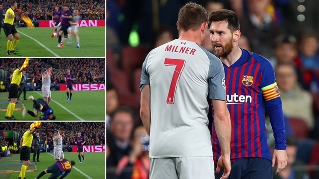 Messi tức giận sau khi bị Milner phạm lỗi messi, milner, barca vs liverpool, barca liverpool, barca, liverpool, bán kết c1, bán kết champions league, cúp c1