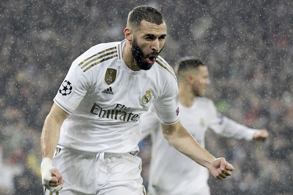 Benzema ăn mừng bàn thắng vào lưới PSG. Ảnh: Champions League Kết quả bóng đá, kết quả C1, Kết quả bóng đá 27/11, kết quả bóng đá hôm nay, kết quả Juventus vs Atletico, kết quả Real Madrid vs PSG
