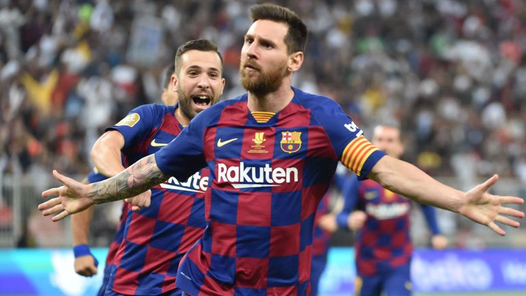 Messi ghi bàn nhưng Barca vẫn thất bại trước Atletico Madrid. Ảnh: Sky Sports Barca 2-3 Atletico Madrid, Kết quả Barca vs Atletico Madrid, Kết quả Siêu cúp Tây Ban Nha, Messi, Barca, Atletico Madrid