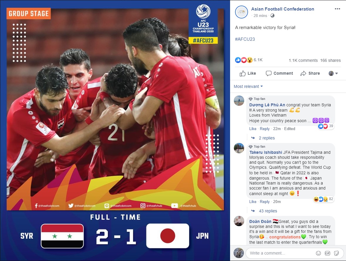 AFC ca ngợi chiến thắng của U23 Syria. Ảnh: Chụp màn hình U23 Syria 2-1 U23 Nhật Bản, Kết quả U23 Syria vs U23 Nhật Bản, Kết quả U23 châu Á