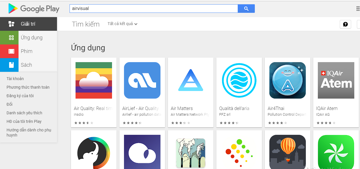 Không thể tìm thấy ứng dụng AirVisual trên nển táng Google Play.