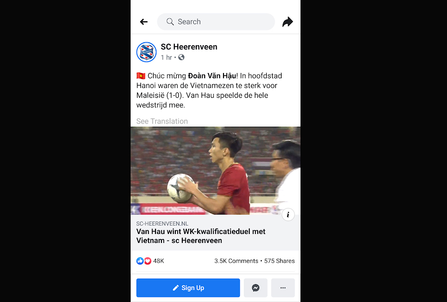Bài đăng của CLB Heerenveen nhận được lượt thích khủng chỉ sau 1 giờ đăng tải trên fan page.