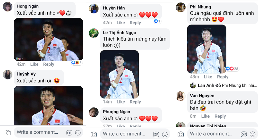 Rất nhiều bình luận khen ngợi bàn thắng và cách ăn mừng dễ thương của Duy Mạnh (ảnh: Chụp màn hình FBNV)