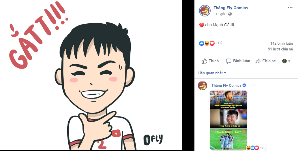 Bức hình phóng tác kiểu ăn mừng của Duy Mạnh xuất hiện trong vòng vài phút sau khi anh ghi bàn tạo được sự thích thú của cư dân mạng. (ảnh: Thăng Fly Comics)