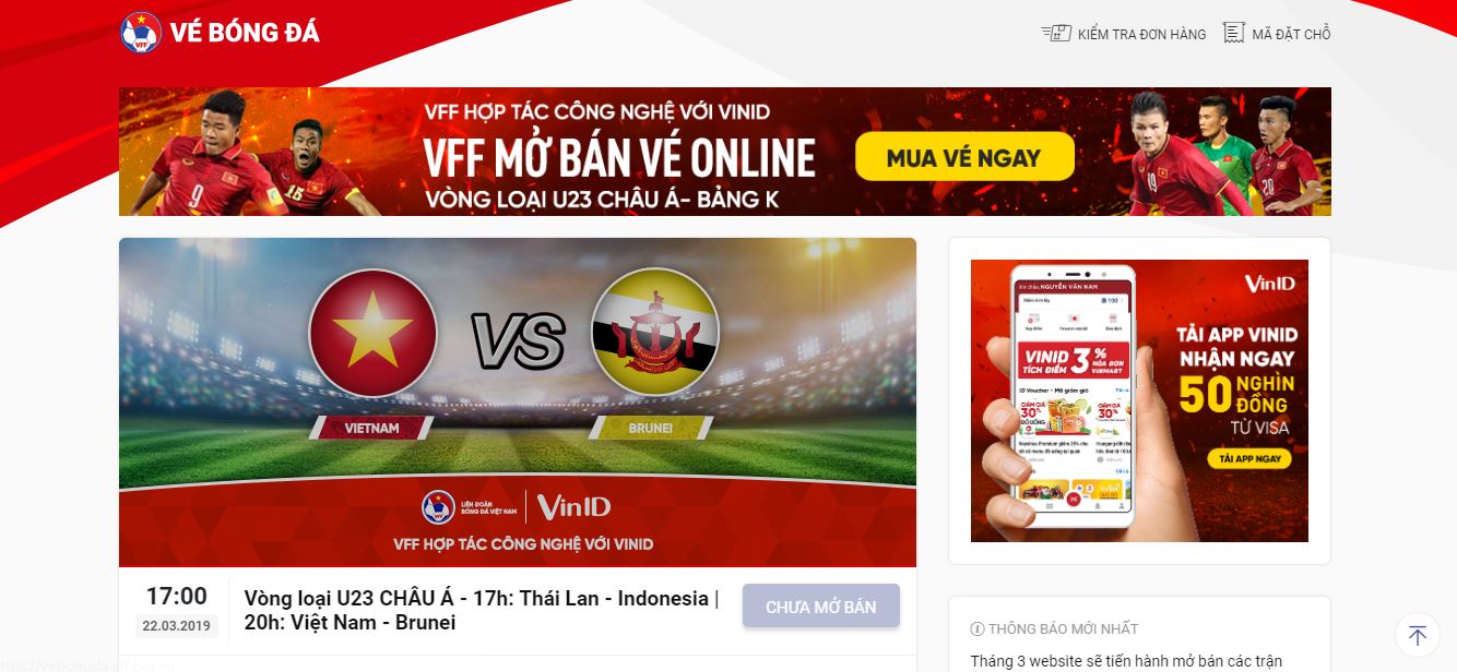 Giao diện website bán vé online của LĐBĐ Việt Nam