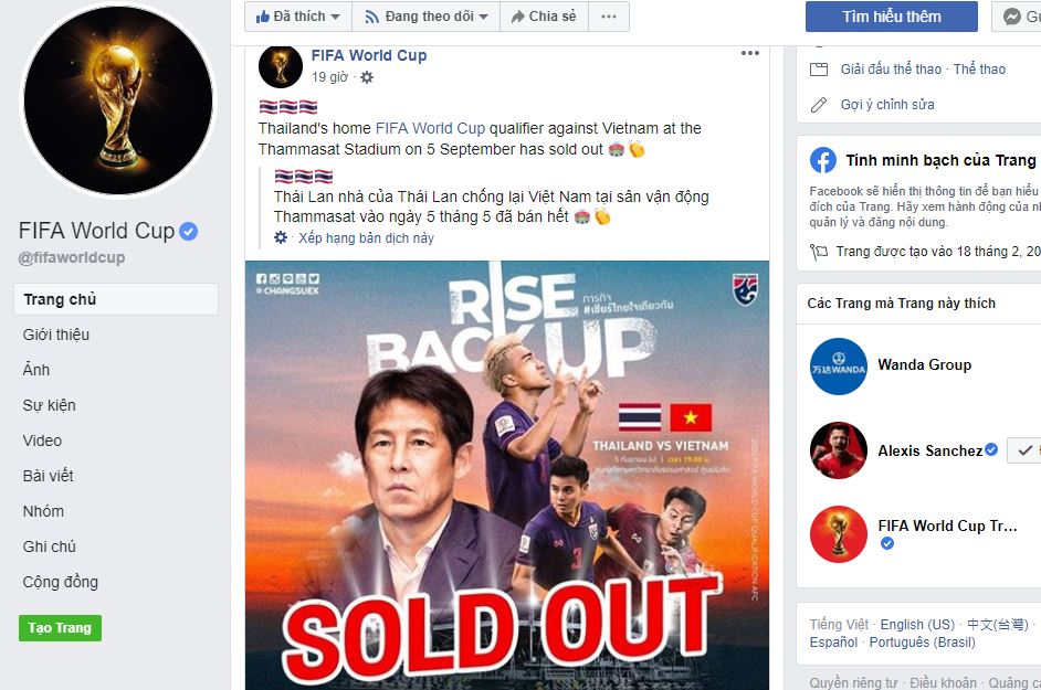 Bài chia sẻ của FIFA trên Facebook