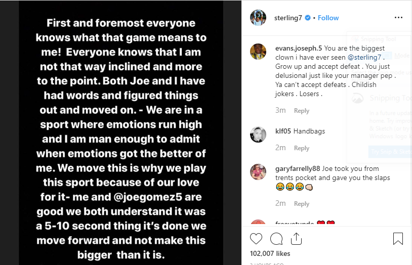 Sterling bị chỉ trích trên Instagram. Ảnh: Screenshot Sterling, joe gomez, man city, đội tuyển anh