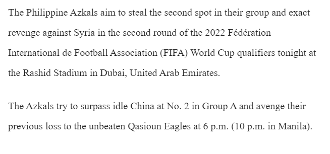 Trích nội dung trên tờ Manila Times. Ảnh: Screenshot syria vs Philippines, syria, Philippines, trung quốc, vòng loại world cup 2022