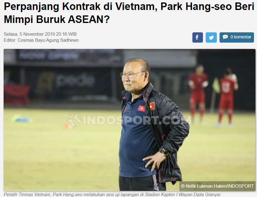 Báo Indonesia lo lắng với bản hợp đồng mới của HLV Park Hang Seo HLV Park Hang Seo, VFF, Vòng loại World Cup 2022, Báo Indo, HLV Park Hang Seo gia hạn hợp đồng